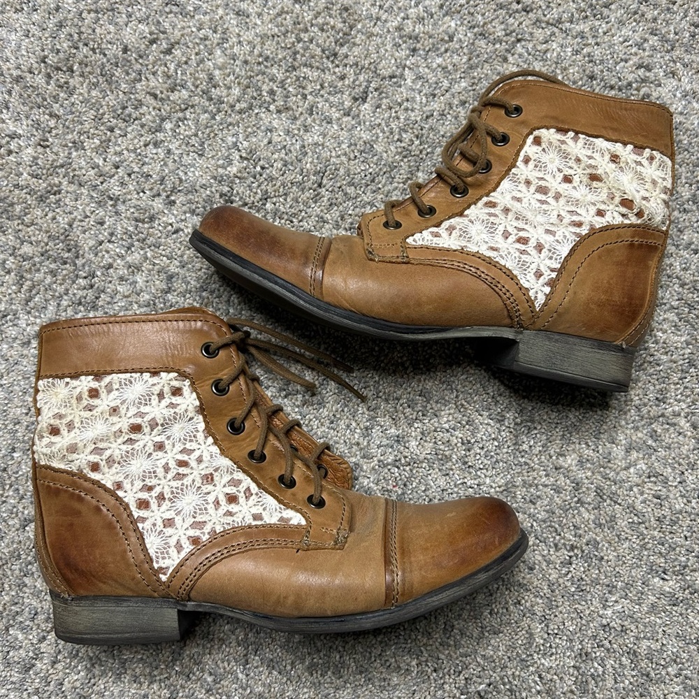 Steve Madden Brown Leather & Crochet Lace Combat Boots